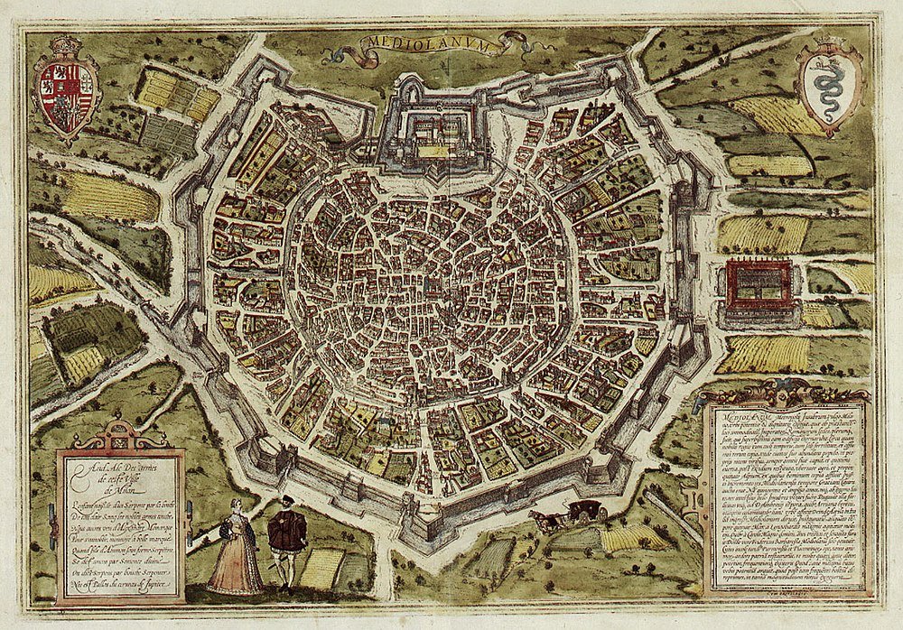 Antique Map of Milan with City Walls and Streets Historical map of Milan city with detailed streets, fortifications, and surrounding countryside from an old manuscript.
