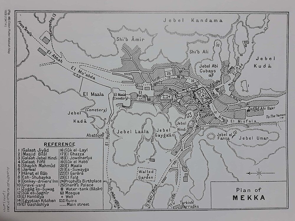 Historical Plan of Mekka with Landmarks and Streets Detailed historical map of Mekka showing landmarks, streets, cemeteries, and key locations with reference numbers.