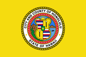 Flag of City and County of Honolulu, Hawaii with yellow background and official seal featuring island map and symbols