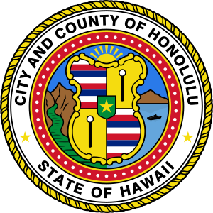 Official seal of City and County of Honolulu, Hawaii featuring island map, mountains, ocean, and state symbols