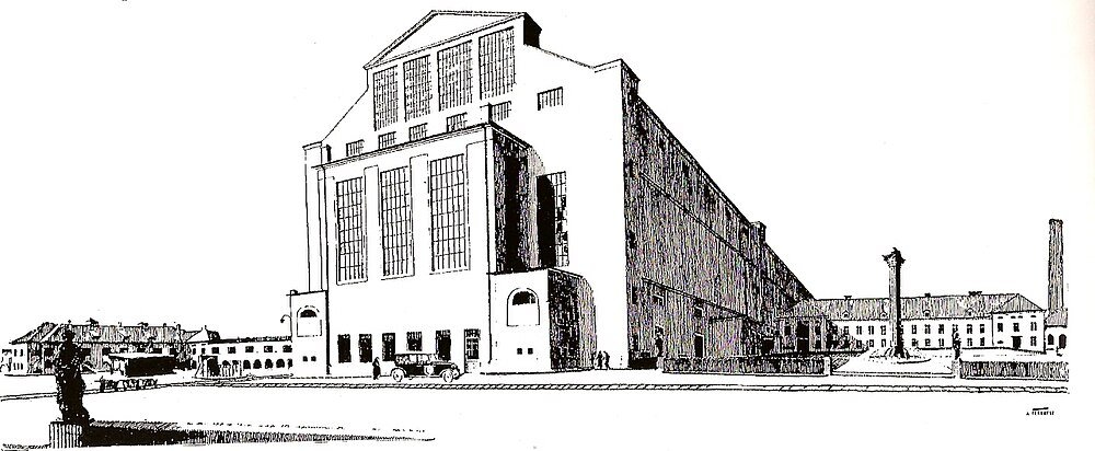 Black and white architectural drawing of a large industrial building with tall windows and surrounding structures