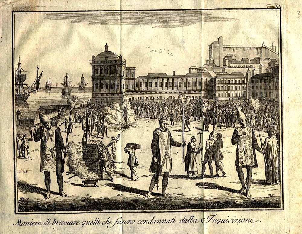 Engraving of Inquisition burning condemned individuals Historical engraving depicting the burning of those condemned by the Inquisition in a public square with onlookers and ships nearby