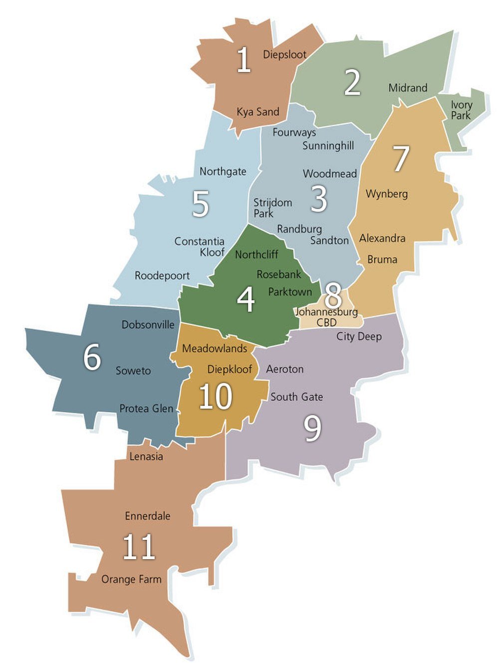 Johannesburg city map with numbered regions and neighborhoods Map showing numbered regions and neighborhoods in Johannesburg including Diepsloot, Midrand, Soweto, and Johannesburg CBD