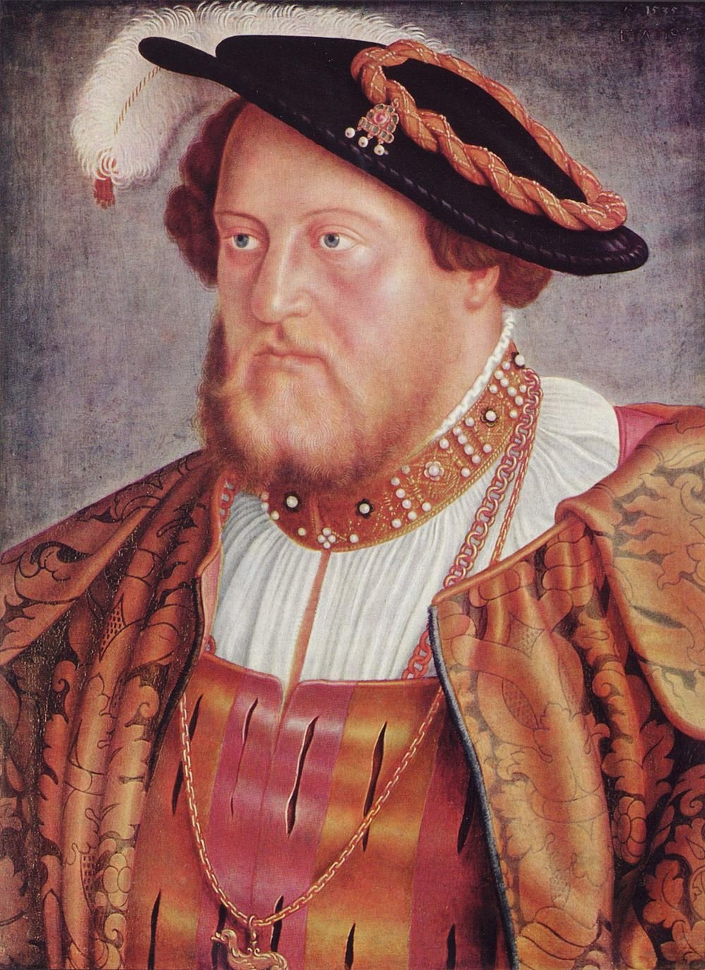 Portrait of King Henry VIII in Renaissance attire with a feathered hat and ornate gold chain necklace