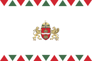 Kingdom of Hungary flag with coat of arms Flag of the Kingdom of Hungary featuring a red and white triangular border with a central coat of arms including a crown, lion, and griffin.