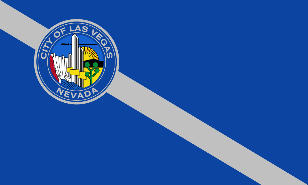 City of Las Vegas Nevada Flag with Seal Flag of the City of Las Vegas Nevada featuring city seal with skyline, desert landscape, and blue background with diagonal gray stripe
