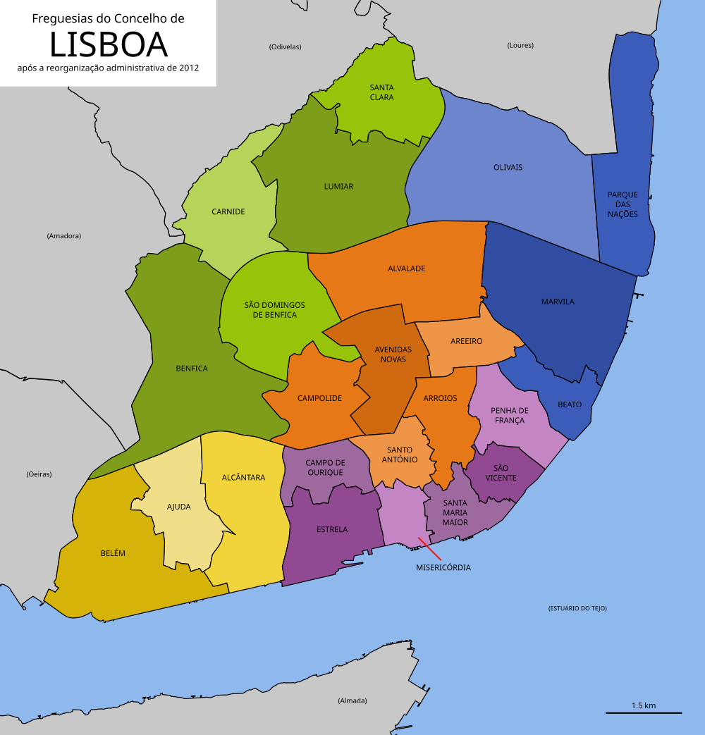 Map of Lisbon parishes after 2012 administrative reorganization showing boundaries and names of freguesias
