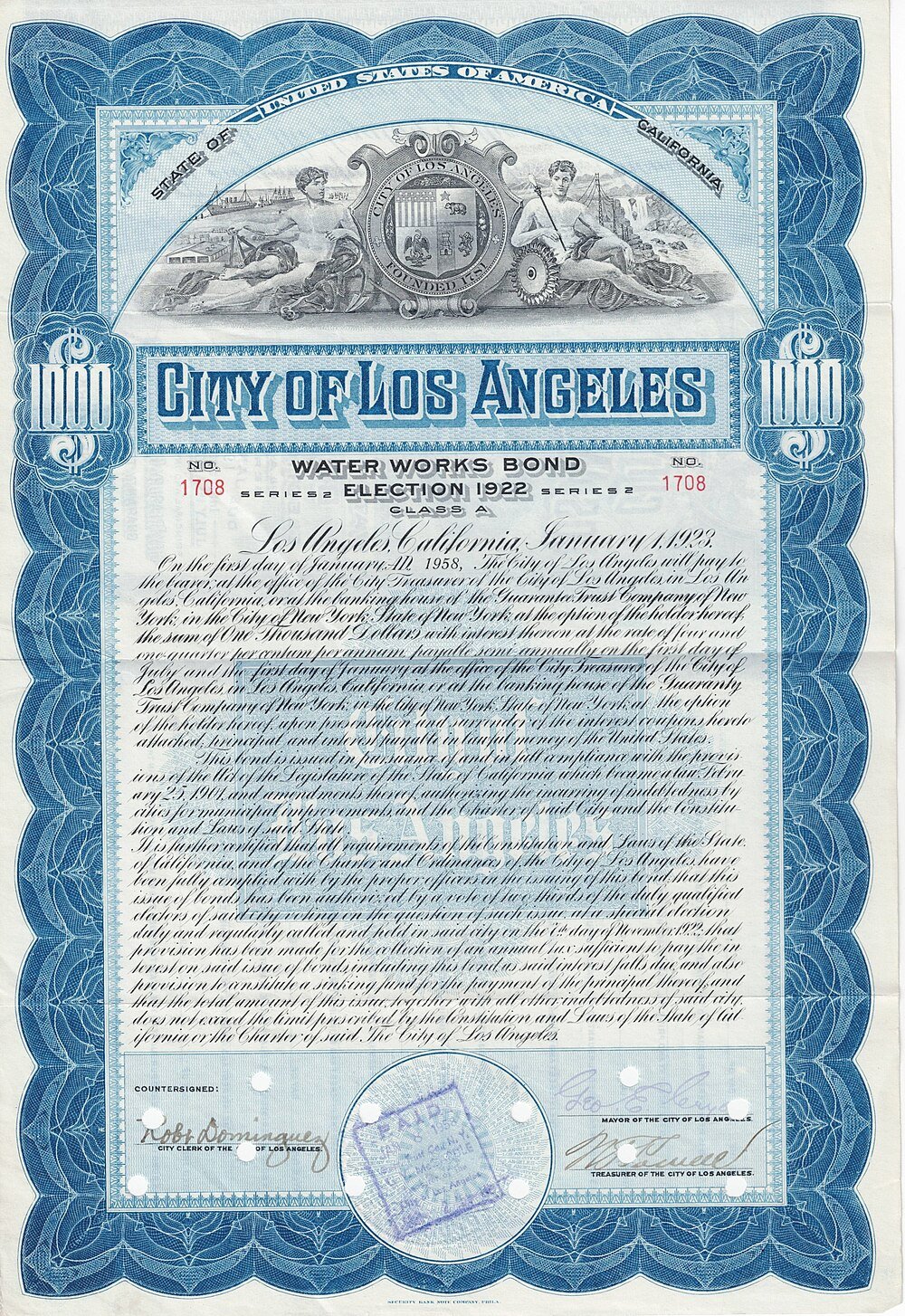 City of Los Angeles Water Works Bond 1923 Certificate Vintage City of Los Angeles Water Works Bond certificate from 1923 with ornate blue border and detailed text