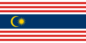Flag of Malaysia featuring 14 red and white stripes with a blue canton containing a yellow crescent and 14-point star