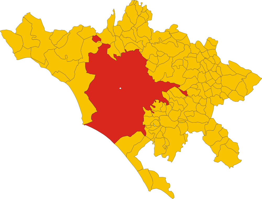 Map with central red and surrounding yellow regions Map highlighting a central red region surrounded by multiple yellow regions with black borders, showing geographic divisions.