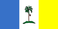 Flag of Martinique featuring a blue, white, and yellow vertical tricolor with a central green palm tree on a small hill