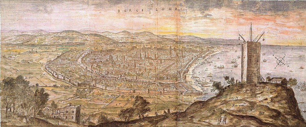 Medieval Barcelona cityscape with walls and tower Historical panoramic drawing of Barcelona city with medieval walls, coastline, and a tower on a hill during sunset.