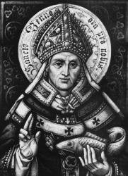 Medieval bishop holding a bird in religious attire Medieval bishop in ornate religious vestments holding a bird, detailed black and white historical illustration
