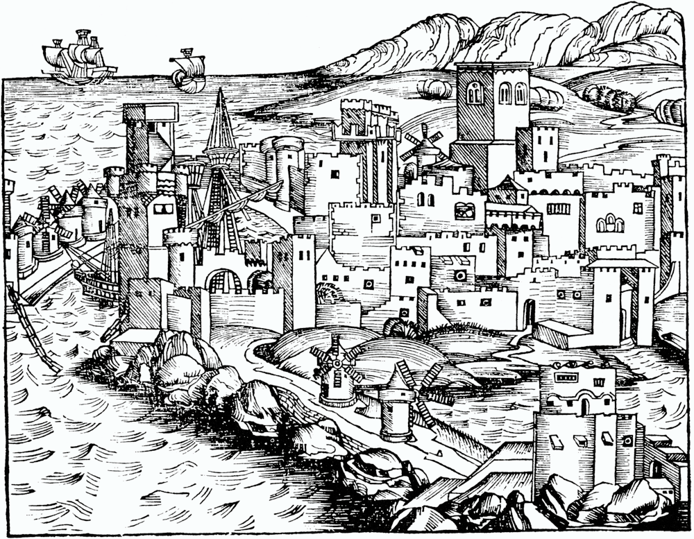 Medieval cityscape with castles and windmills Detailed black and white medieval cityscape illustration with castles, windmills, ships, and mountainous background