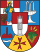 Medieval colorful coat of arms with crown and star Colorful medieval coat of arms featuring a shield with crosses, a crown, and a star symbol on a red and white background.
