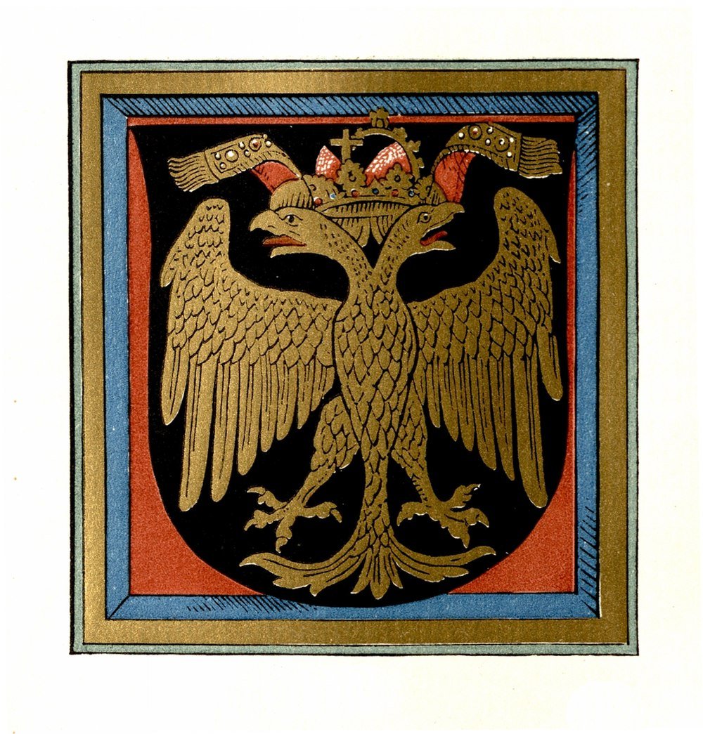 Medieval Double-Headed Eagle Heraldic Emblem Medieval heraldic emblem featuring a golden double-headed eagle with a crown on a black and red shield background