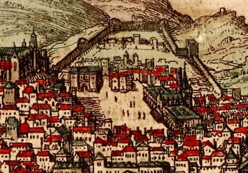 Medieval fortified city illustration with red roofs Historic detailed illustration of a fortified medieval city with red-roofed buildings and defensive walls