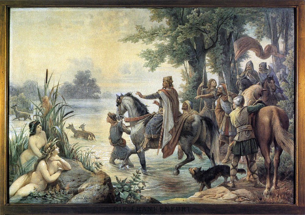 Medieval Frankish king crossing river with warriors Historical painting of medieval Frankish king on horseback leading warriors across a river with mythical nymphs and deer nearby