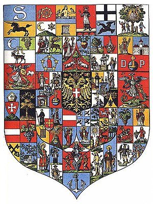 Medieval Heraldic Coat of Arms with Multiple Symbols Colorful medieval heraldic coat of arms with multiple intricate symbols, shields, and figures representing noble families.