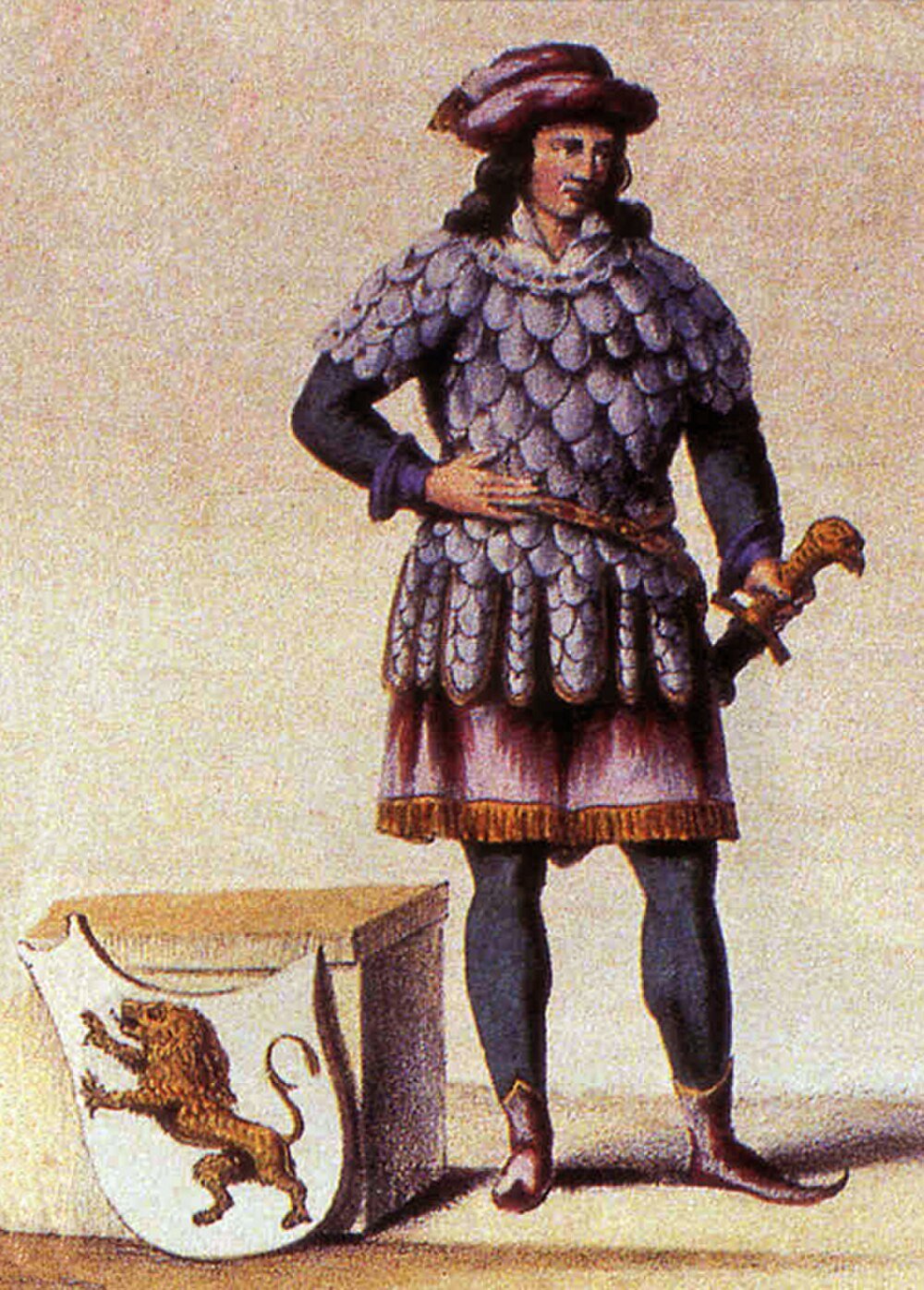 Medieval knight in scale armor with lion shield Medieval knight in scale armor with sword and heraldic shield featuring a lion emblem, standing beside a stone block.