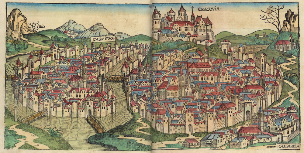 Medieval map of Casmirys and Cracovia cities Historical map illustration of medieval cities Casmirys and Cracovia with detailed city walls and buildings