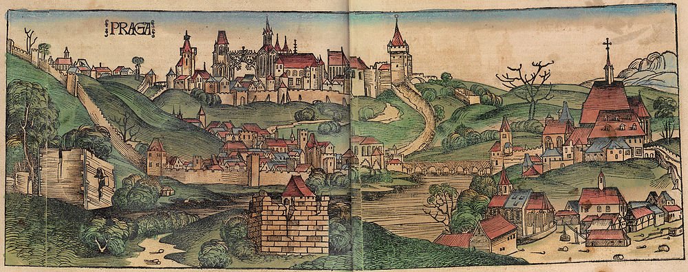 Medieval Prague cityscape woodcut illustration Historical woodcut illustration of Prague cityscape with medieval buildings, churches, and fortified walls in a scenic landscape.