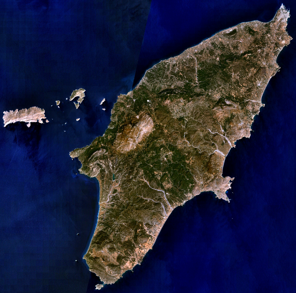 Mediterranean island satellite view with terrain Satellite image of a large Mediterranean island with rugged terrain and surrounding smaller islands