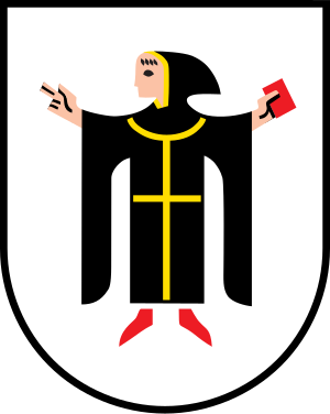 Monk Coat of Arms with Book and Cross Coat of arms featuring a monk in black robe with yellow cross holding a book and making a gesture on white shield