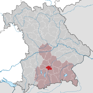 Map of Munich in Bavaria, Germany Map highlighting the city of Munich in Bavaria, Germany with surrounding regions and rivers clearly marked.