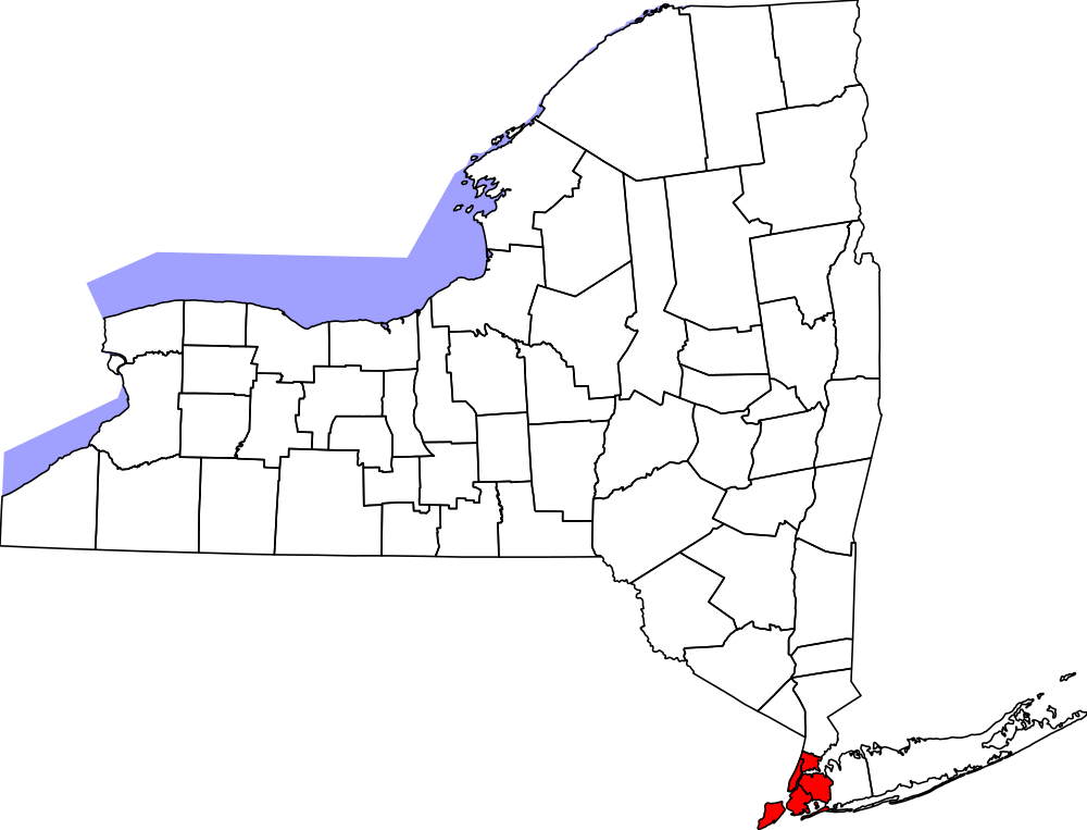 New York State map with NYC and Lake Erie highlighted Map of New York State highlighting New York City boroughs in red and Lake Erie coastline counties in blue