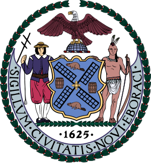 Official seal of New York City featuring a sailor, Native American, eagle, windmill, and beavers symbolizing history and heritage