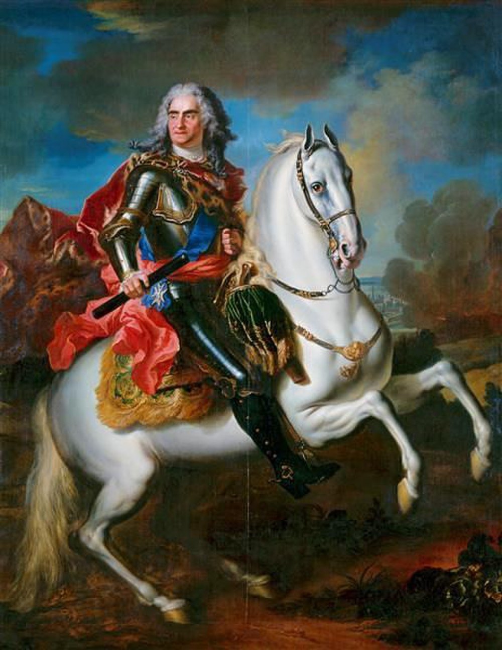Nobleman on White Horse Historical Painting Historical painting of a nobleman in armor riding a white horse with a dramatic sky and landscape background