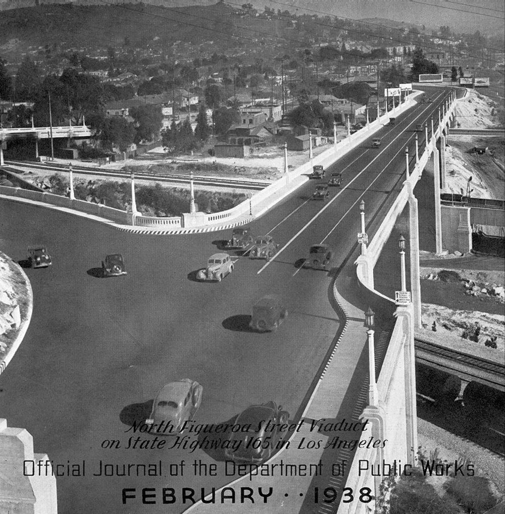 North Figueroa Street Viaduct Los Angeles 1938 Historic black and white photo of North Figueroa Street Viaduct on State Highway 165 in Los Angeles, 1938 with vintage cars