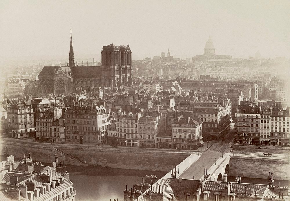 Vintage Notre-Dame Cathedral and Paris cityscape Historic sepia photo of Notre-Dame Cathedral and Paris cityscape with Seine River and old buildings in the background