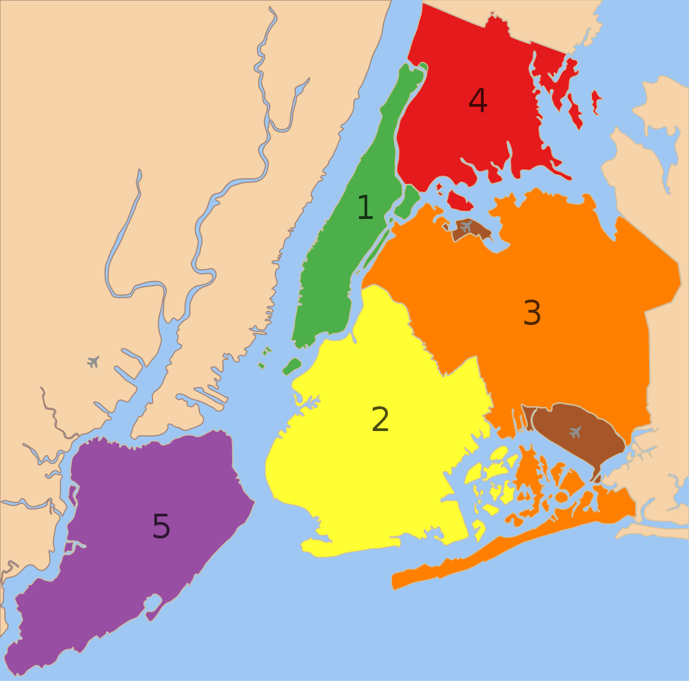 Map of New York City's Five Boroughs Color-coded map showing the five boroughs of New York City with distinct numbers and colors for each borough.