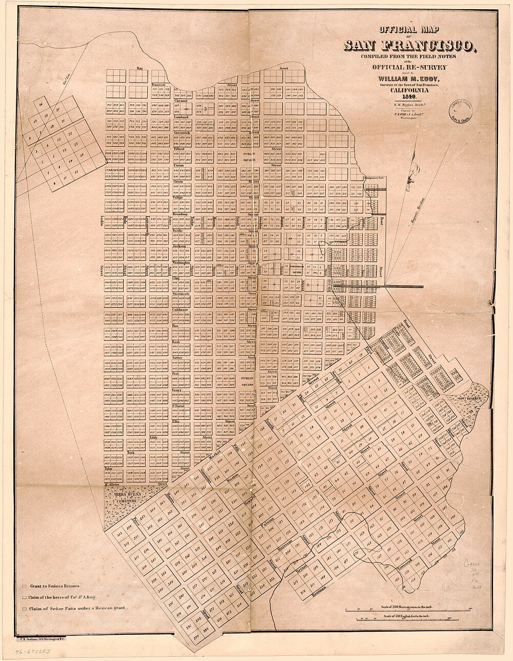 1849 Official San Francisco Map by William M. Eddy Official 1849 map of San Francisco showing detailed street grid and land plots from William M. Eddy's survey