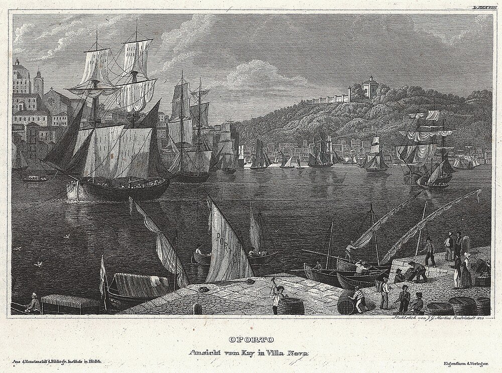 Oporto Harbor View with Sailing Ships and Waterfront Historic black and white engraving of Oporto harbor with sailing ships, waterfront activity, and hillside buildings in Villa Nova.