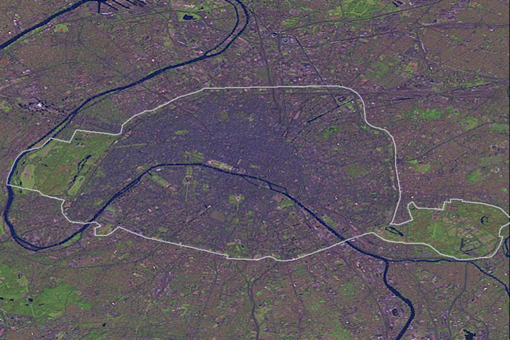 Satellite image of Paris with Seine River and city limits Satellite view of Paris city with Seine River and city boundaries highlighted in white lines
