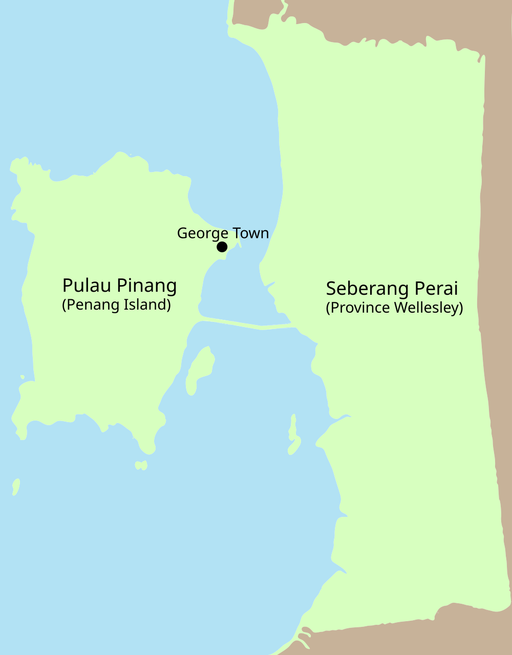 Map showing Pulau Pinang (Penang Island) and Seberang Perai (Province Wellesley) with George Town marked