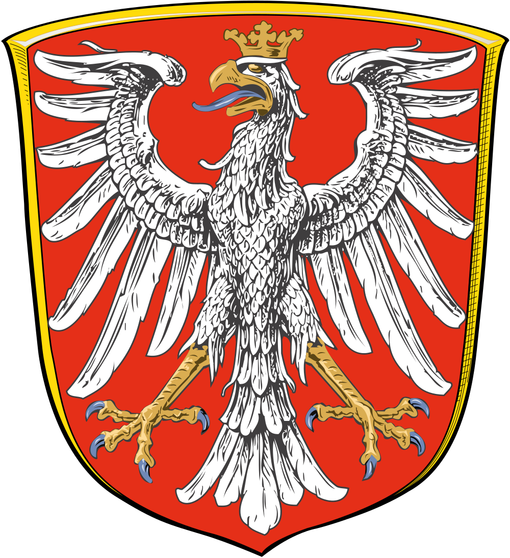 Polish Coat of Arms White Eagle Emblem White crowned eagle with spread wings on red shield, symbol of Polish coat of arms, heraldic emblem of Poland