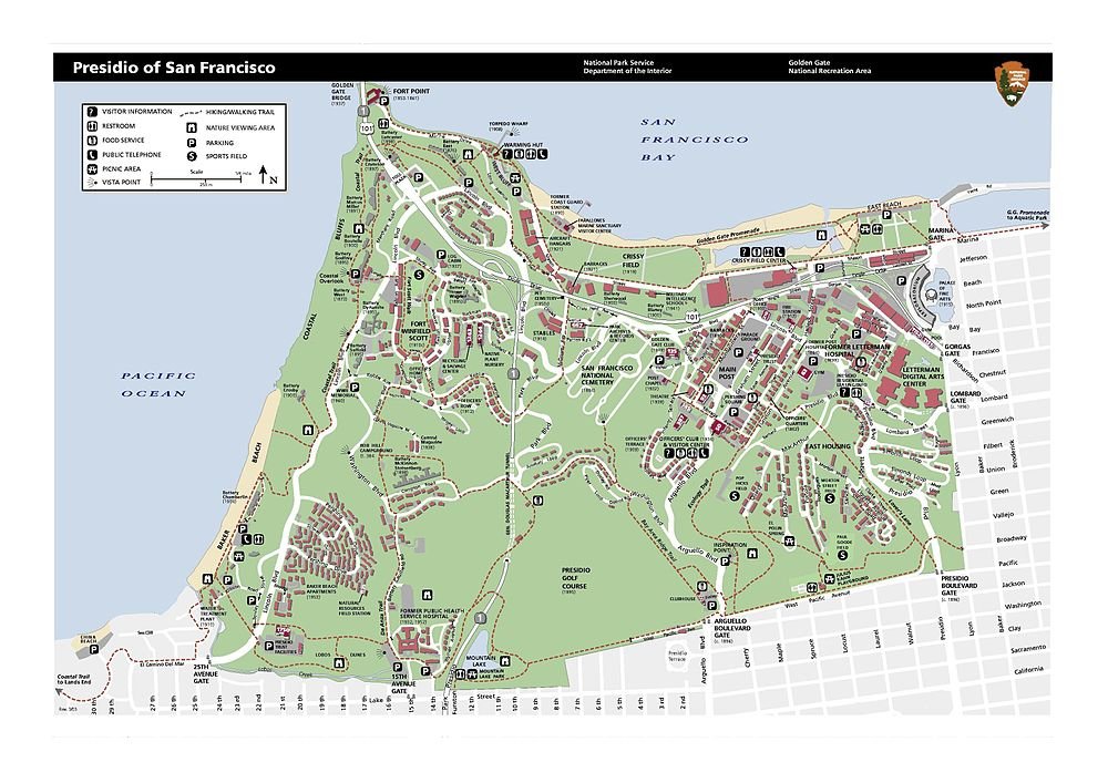 Presidio of San Francisco detailed visitor map Detailed map of Presidio of San Francisco showing trails, visitor info, parking, picnic areas, and key landmarks near San Francisco Bay.