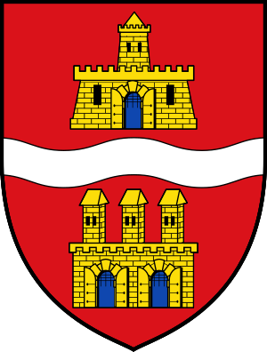 Red shield with golden castles and white wavy band Red heraldic shield with two golden castles and a white wavy horizontal band symbolizing medieval fortifications