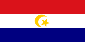 Flag with horizontal red, white, and blue stripes featuring a yellow crescent moon and star in the center, symbolizing Islamic heritage.