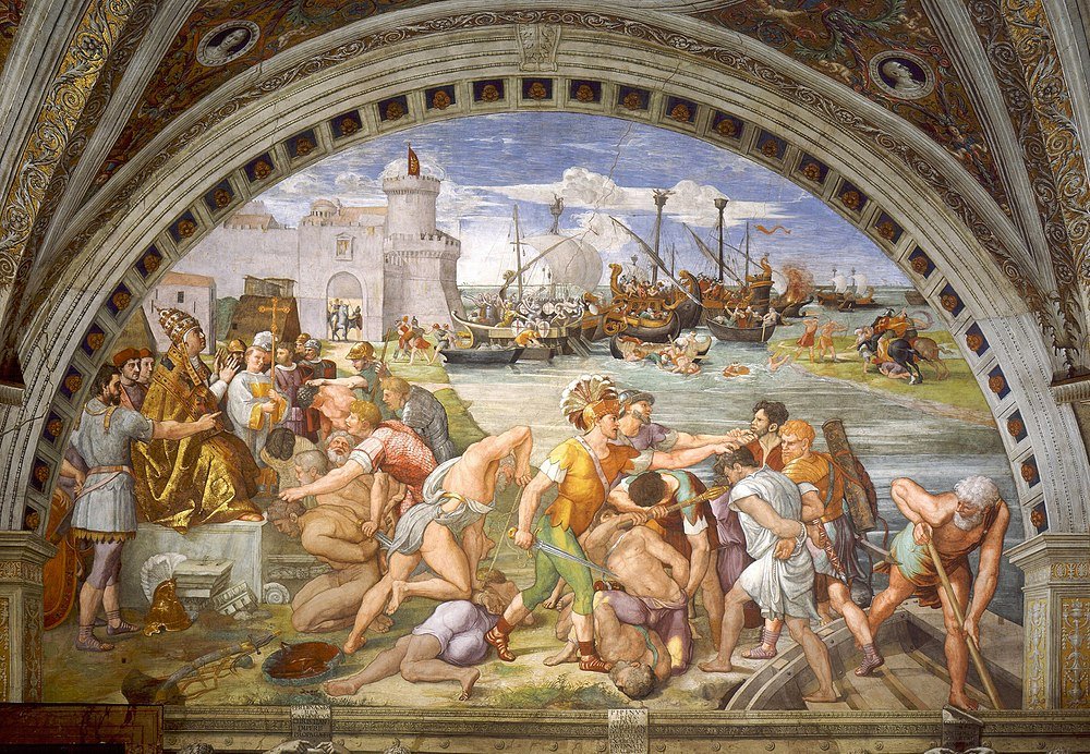 Renaissance fresco of battle and pope scene Renaissance fresco depicting a historical battle scene with soldiers, ships, and a seated pope in a grand architectural setting