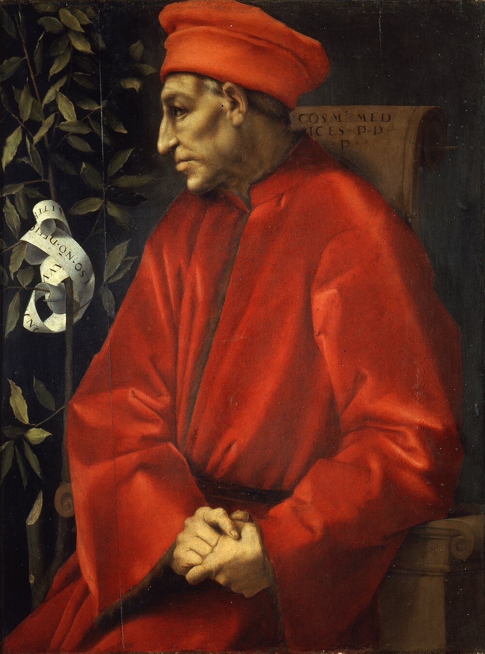 Renaissance Man in Red Attire Portrait Portrait of a man in red Renaissance attire with a red hat sitting on a chair with a scroll and leafy branch background