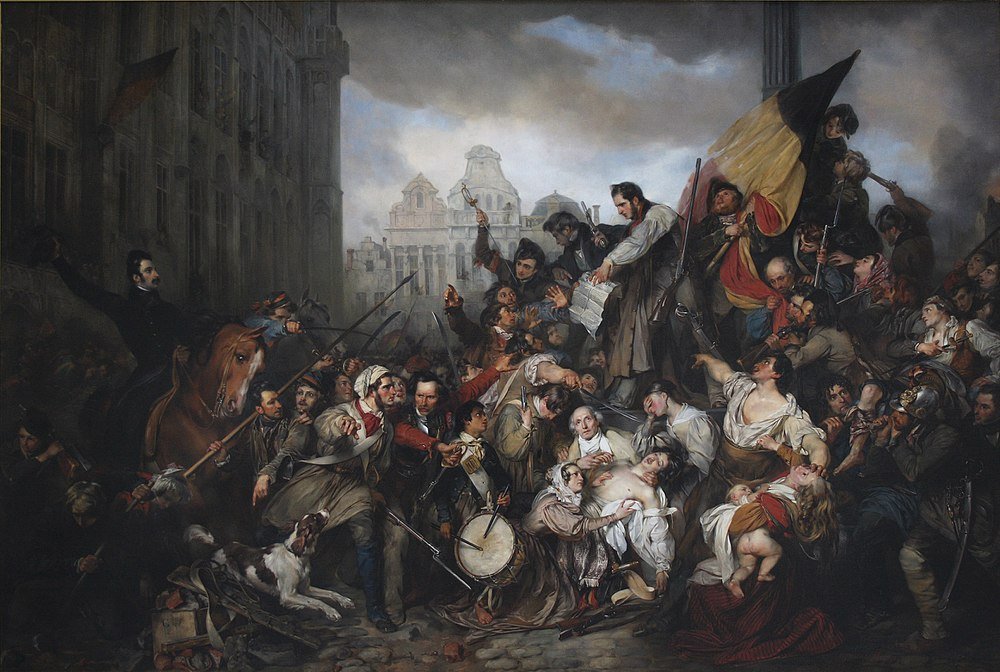 Dramatic Revolutionary Battle Scene Painting Historical painting depicting a dramatic revolutionary battle scene with soldiers, civilians, and a flag in a city square.