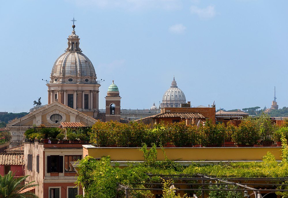 Panoramic view of Rome rooftops with historic domes and lush greenery under a clear blue sky