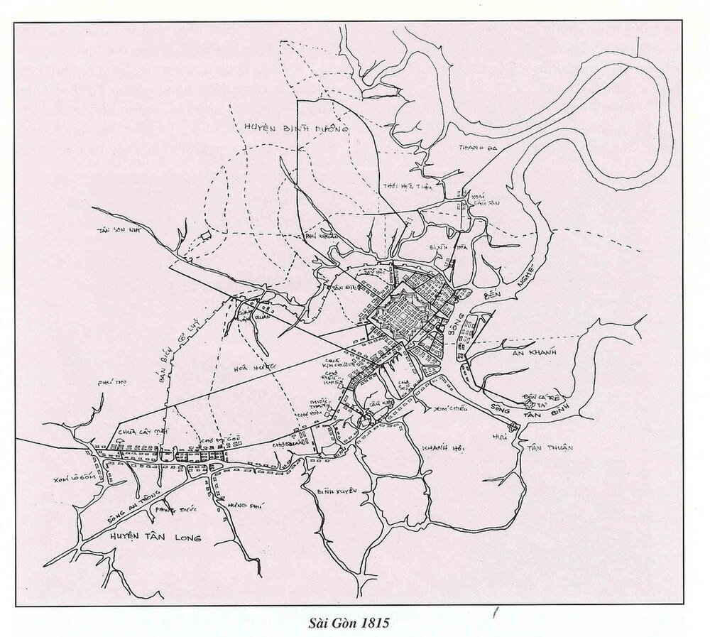 Saigon city map from the year 1815 Historical map of Saigon in 1815 showing districts, rivers, and key landmarks in early 19th century Vietnam