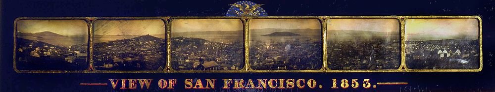 Panoramic View of San Francisco 1853 Panoramic vintage view of San Francisco cityscape in 1853 with hills, buildings, and bay area under early sunlight