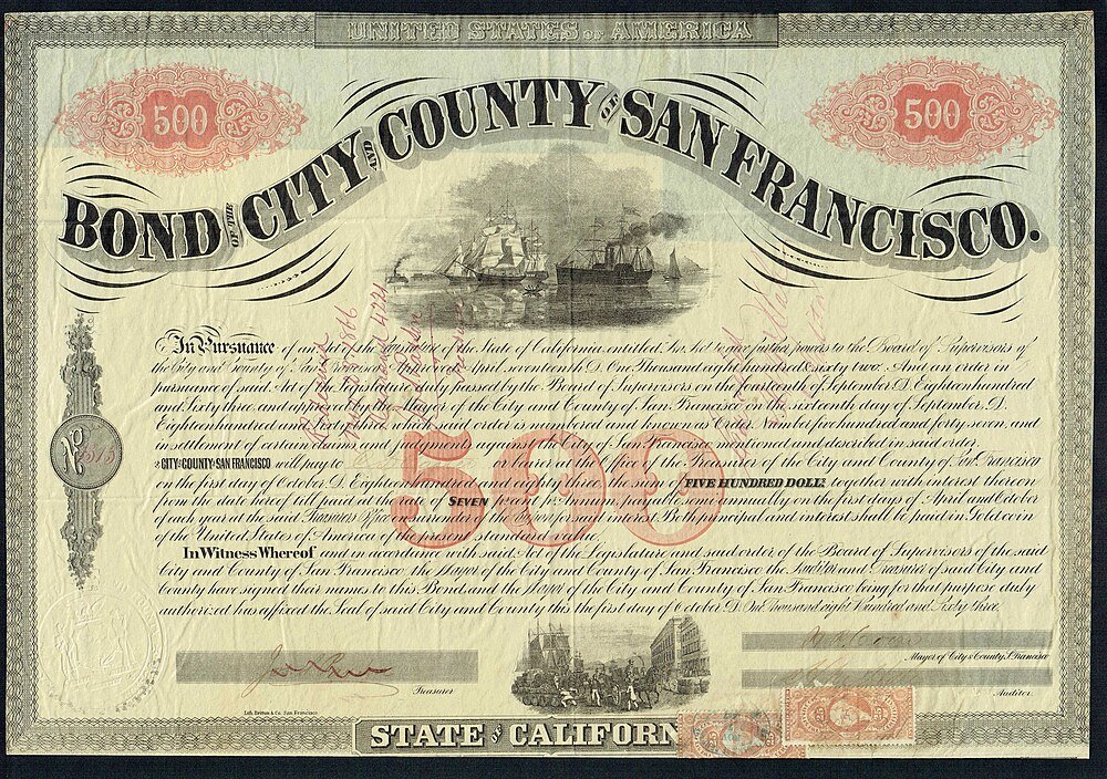 San Francisco City County Bond Certificate 1862 Historic 1862 bond certificate from City and County of San Francisco, California, valued at five hundred dollars with vintage ship illustrations.